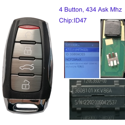 MK030020 4 Buttton 433Mhz ASK Smart Key with ID47 Chip For Great Wall GWM Haval H8 H9 3608101 XKV86X