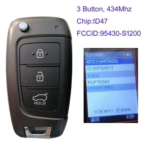 MK140271 3 Button 433MHz Remote Control Flip Key ID47 Chip for H-yundai Santa Fe 2018+ Flip Auto Car Key Fob 95430-S1200