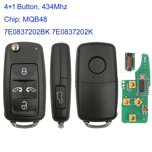 MK120192 4+1 Button 433mhz Flip Key for VW Sharan Multivan Caravelle Remote Control With MQB48 Chip Auto Car Key 7E0837202BK 7E0837202K