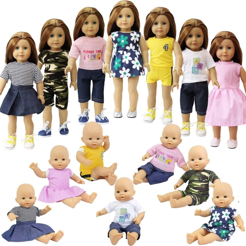 ZITA ELEMENT 7 PCS Casual Doll Clothes Dress Tops Pants Outfits for American Doll, 18 Inch Doll and 14 In Baby Doll Clothes