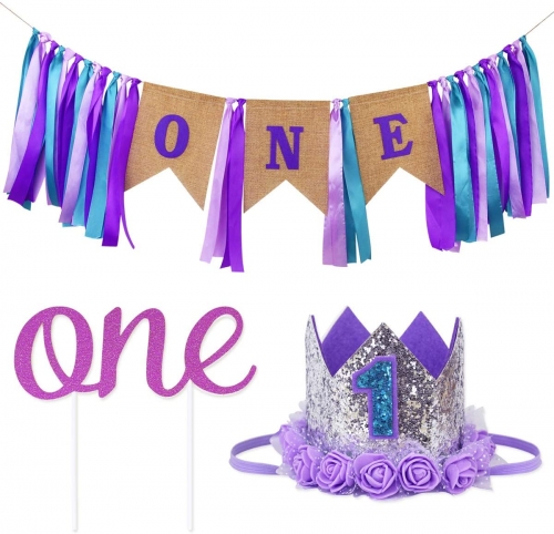 ZITA ELEMENT First Birthday Decorations Party Supplies for Baby Girls, High Chair ONE Burlap Banner + NO.1 Crown + ONE Cake Topper - Mermaid Theme
