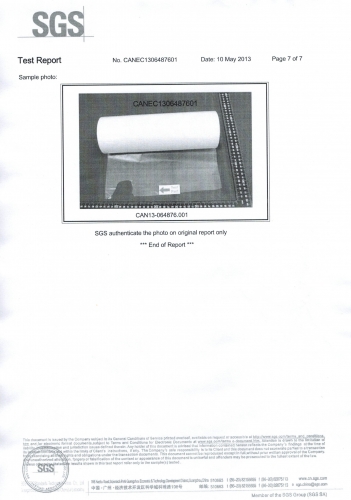 Rapport de test SGS pour film de rouleau thermique XinLi BOPP