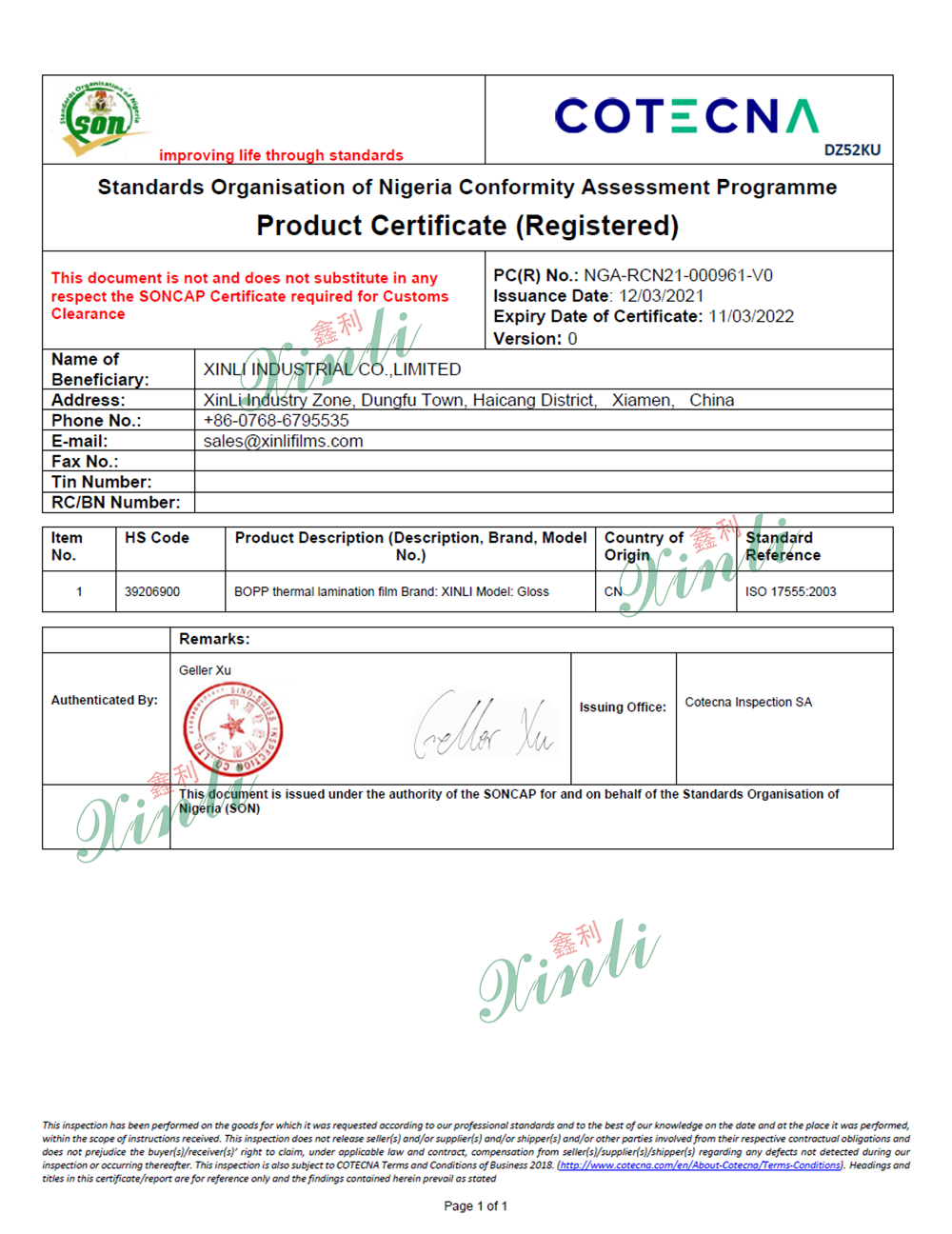 Certificat PC et Soncap pour le marché du Nigéria