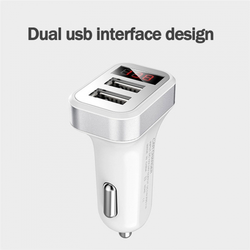 1PCS Silver Dual USB Car Charger Fast Charging 2 In 1 2USB Power LED Display 5V 2.1A Car-Charger For Mobile Phone Device