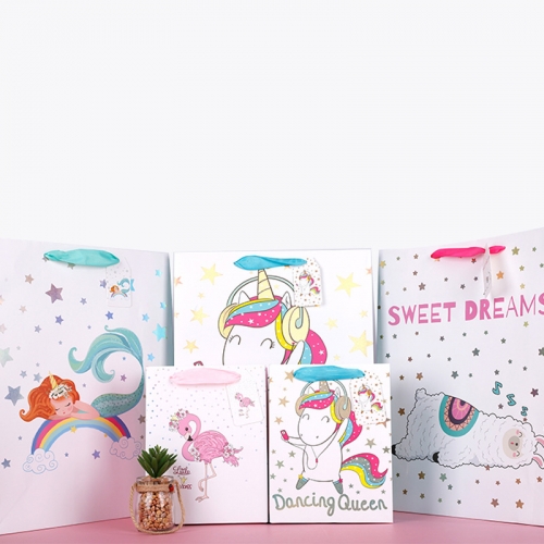 Custom Unicorn Paper Logo Printed Kids Birthday Bags Party White Gift Bag