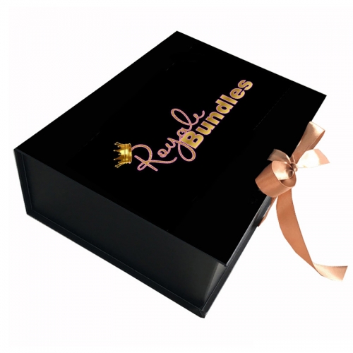 Black Gift Box with Ribbon Printed Paper Magnetic Folding Custom Flat Logo Packaging Boxes Design
