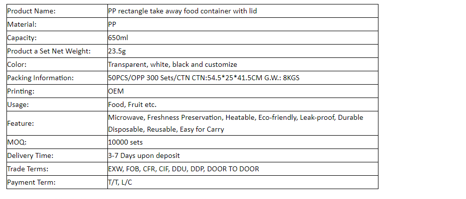 PP rectangle take away food container with lid