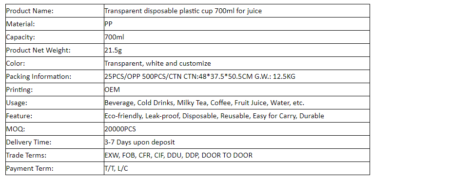 Transparent disposable plastic cup 700ml for juice