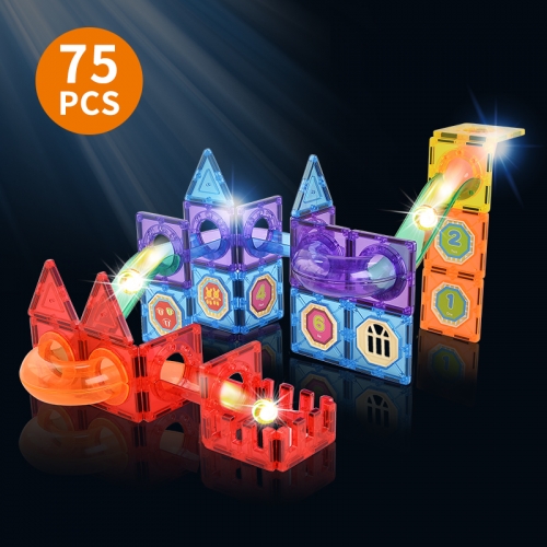 Puzzle toy magnet block set with 75 transparent luminous pipes