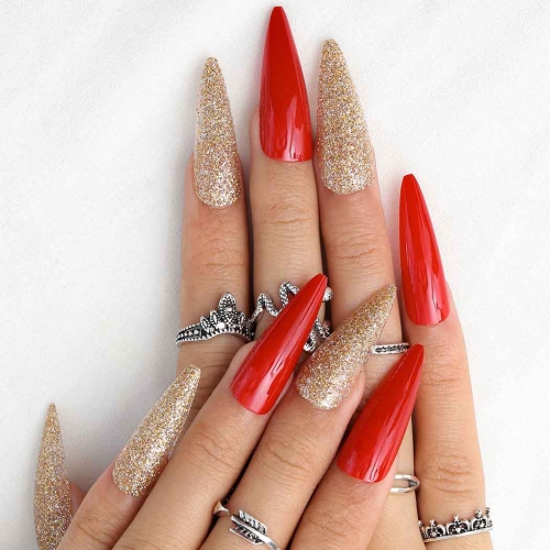 Cotite Long Fake Nails Full Cover Red Clip on Nail Tips Stiletto False Nail Art Accessories 24PCS for Women and Girls