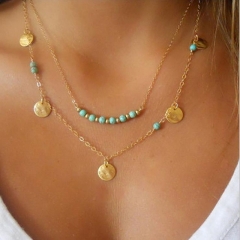 Flimire Turquoise Necklace Boho Choker Set Disc Coin Chain Layered Necklace Silver Fashion Jewelry for Women and Teen Girls