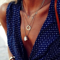Holone Boho Shell Pendant Necklace Chain Gold Long Hoop Cross Layering Necklaces Jewelry for Women