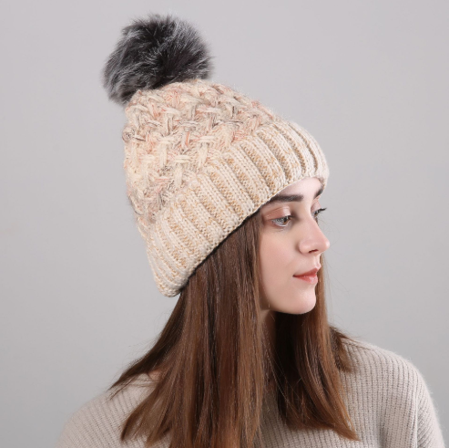Florry Winter Beanie Hat Ivory Knit Beanie Hats Warm Ski Knitted Pom Pom Hat Faux Fur Pom Pom Hats for Women and Girls
