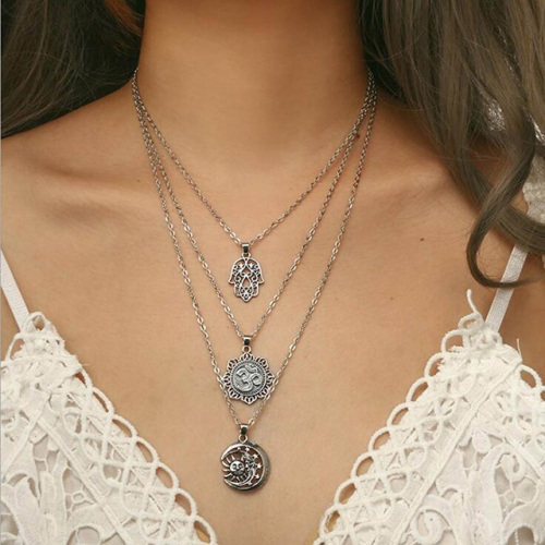 Rendipy Boho Layered Hamsa Necklace Chain Vintage Sun Moon Necklaces Yoga Jewelry for Women and Girls