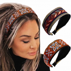 Firuilo Boho Wide Headbands Embroidery Hairbands Ethnic Turban Head Band African Printed Hair Band for Women Pack of 2 (Vintage)