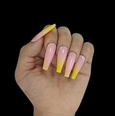 Blufly Glossy Yellow Ombre Fake Nails Extra Long Press on Nails Designed Gradient Full Cover Artificial False Nails Tips for Women and Girls 24Pcs