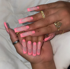 Blufly 24Pcs Matte Pink Press on Nails Extra Long Coffin Fake Nails Geometric Ombre Acrylic Ballerina False Nails Tips for Women and Girls