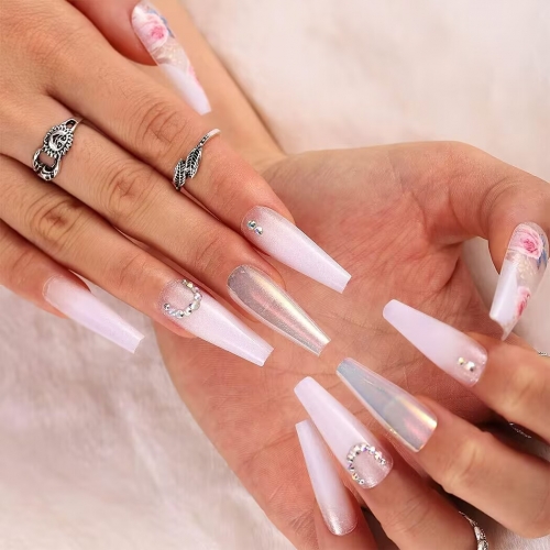 Blufly Glossy Press on Nails Long Coffin Fake Nails Designed Cute Flower Ballerina Ombre Full Cover Artificial False Nails for Women and Girls 24Pcs