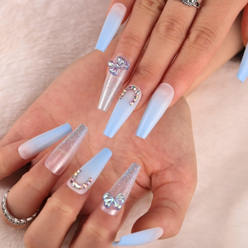 Blufly Glossy Ombre Long Bowknot Press on Nails Blue Crystal 3D Bling Coffin Fake Nails Glitter Sequins Acrylic Ballerina False Nails for Women