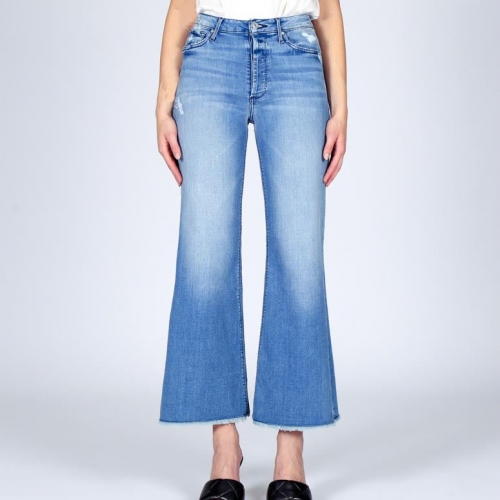 Women loose flare blue cropped jeans