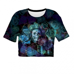 Crop T-shirt DARK ROSES SKULL