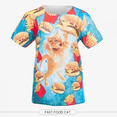彩色T恤蓝色星空快餐食物猫FAST FOOD CAT