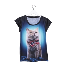 Women T-shirt blue bow cat