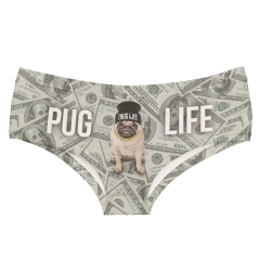 女式内裤站在钞票上的戴黑帽子的巴哥白色字母pug life dollars
