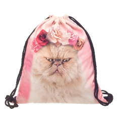 束口袋渐变粉色带花环的白猫ROSES CAT