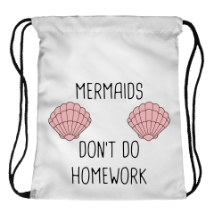 束口袋白底粉色扇贝黑色字母mermaids shell