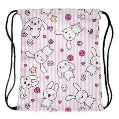 Drawstring bag rabbits pink stripes