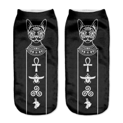 短袜黑底白线条埃及猫和符号egyptian cat and symbols