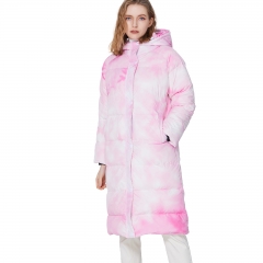 Pink Blue tie-dye long hooded down jacket