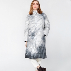 Grey tie-dye long hooded down jacket