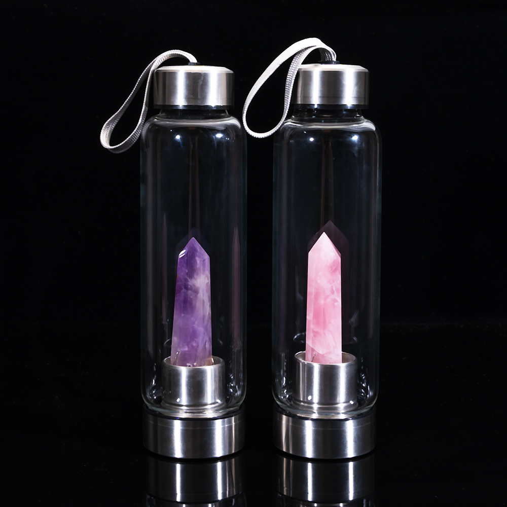 High borosilicate glass water bottle with crystal stone