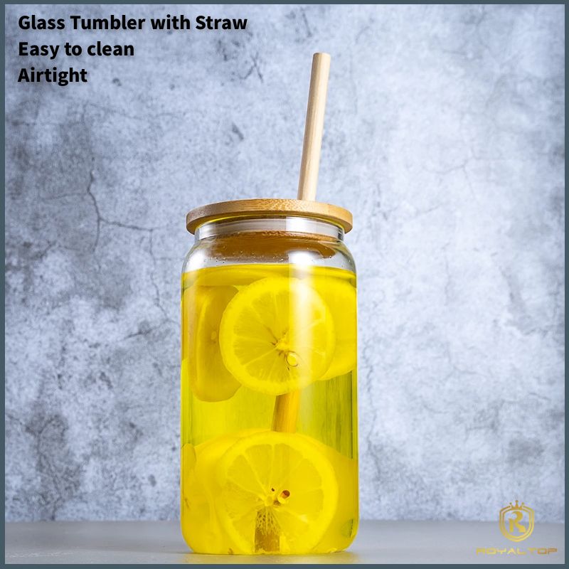 Summer exclusive glass beer can with bamboo lid and straw