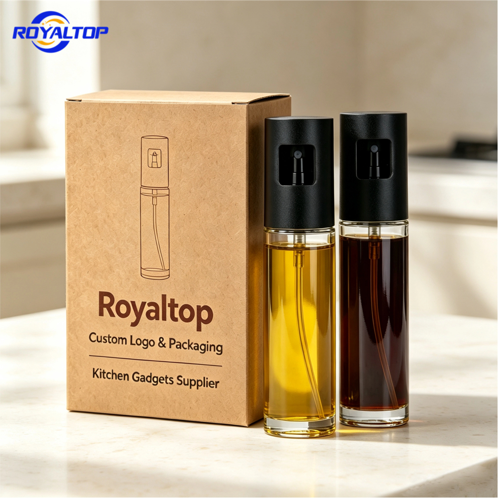 100ml transparent glass oil spray bottle with matte black stainless steel pump, custom kraft packaging box &ndash; Royaltop OEM kitchen gadget
