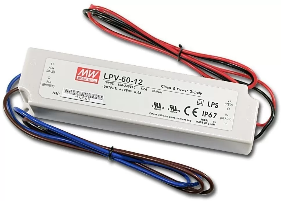 LPV-60-12 LED Driver 60 Watts Waterproof IP67 Power Supply Transformer Adapter 90V-265V AC to 12V DC Low Voltage Output 12-volt 5-Amp Power supply