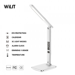 2020 Fashion Imitation leather Foldable LED desk lamp with calendar display and alarm clock and 3C light modes for office