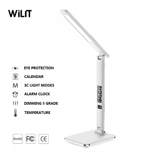 2020 Fashion Imitation leather Foldable LED desk lamp with calendar display and alarm clock and 3C light modes for office