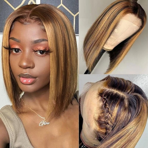 #4/27 Highlight Straight Bob Style 4*4 Closure Lace wig