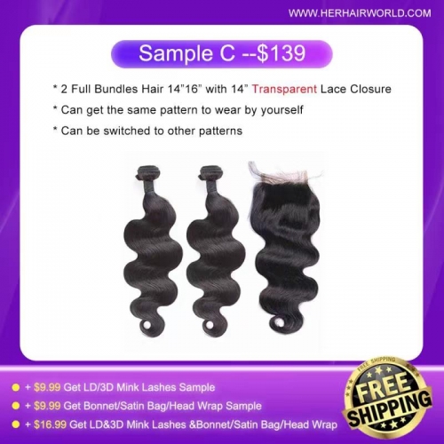 Free Shipping Sample for 2 Full Bundles+Transparent Lace Closure