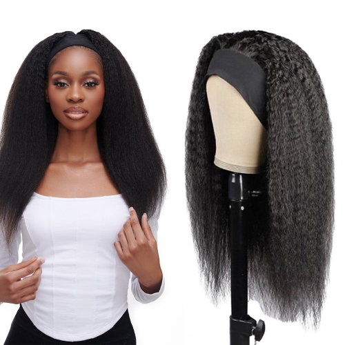 Kinky Straight #1B Natural Black Flexible 180% Density Beginner Friendly Headband Wig