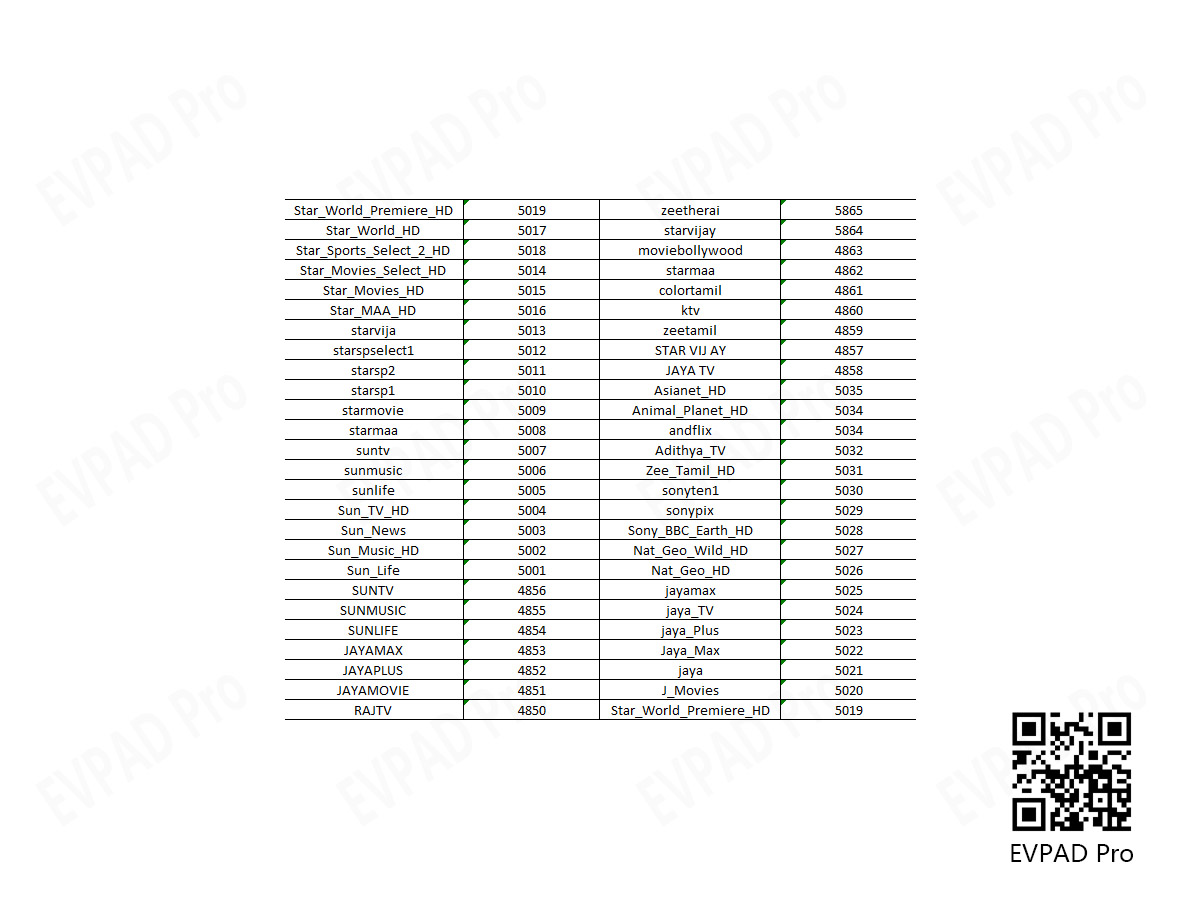 The TV Channel List of India in the EVPAD TV Box