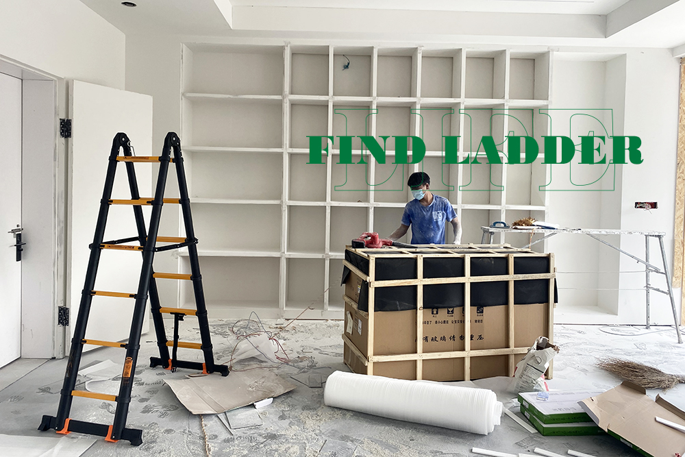 A multipurpose telescopic ladder is placed in the shop being renovated