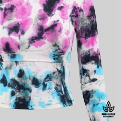 Graffiti Tie-Dye Stretchy Round-Neck Top with Cut at Elbows