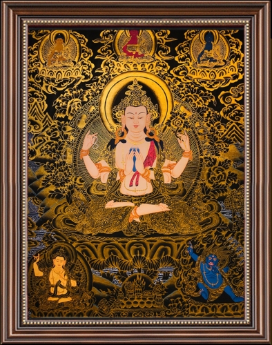 四臂观音尼泊尔纯手绘西藏手工唐卡客厅装饰画绿度母菩萨玄关壁画