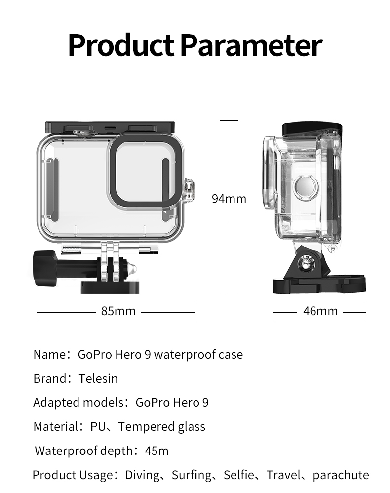 TELESIN G2 Coque de batterie résistante à l'eau pour GoPro Hero 11 Hero 10  Hero 9, chargeur de protection amovible, support à clip de porte latérale