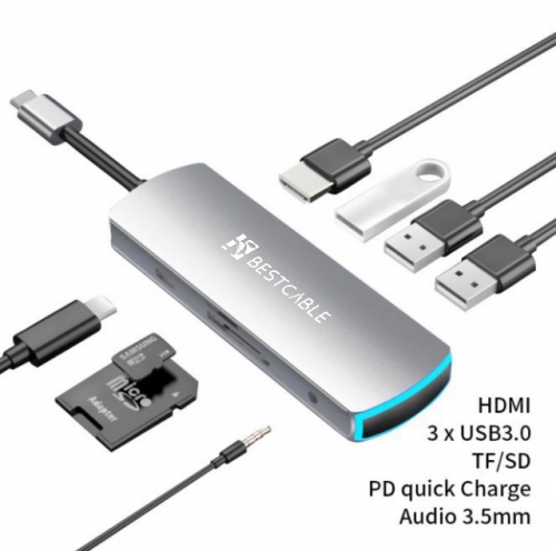 USB Type C  Hub Adapter, BEST CABLE  8in1 Multifunctional Expansion Hub- USB C HUB, HDMI 4K HD +3*USB3.0+SD/TF/+3.5MM audio + PD fast charge