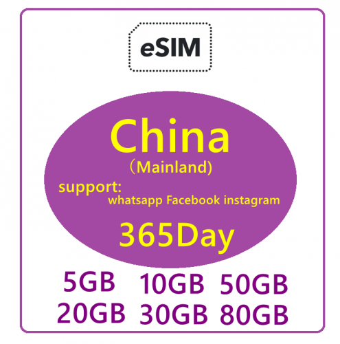 【免插卡eSIM】中國（内地） 5G/4G上網卡365日 5GB 10GB 20GB 30GB 50GB 80GB 中國上網卡